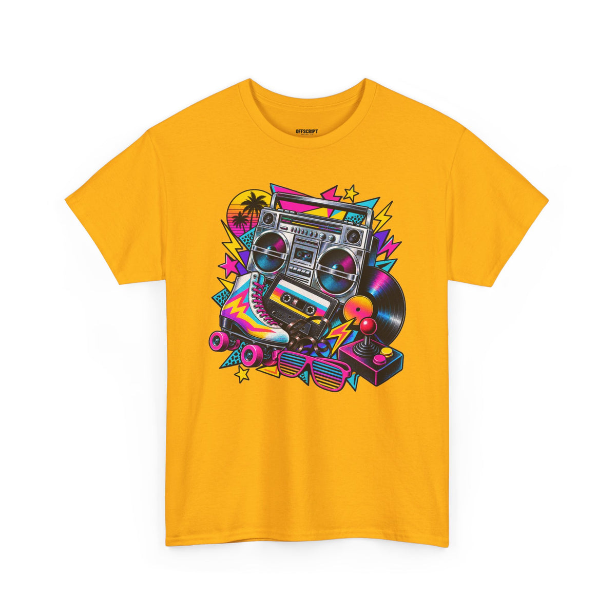 Retro Boombox Tee — 80s Neon Music Graphic T-Shirt