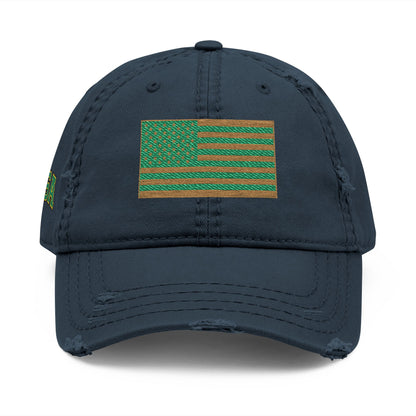 Embroidered Distressed Dad Hat — Green & Gold Flag Patch
