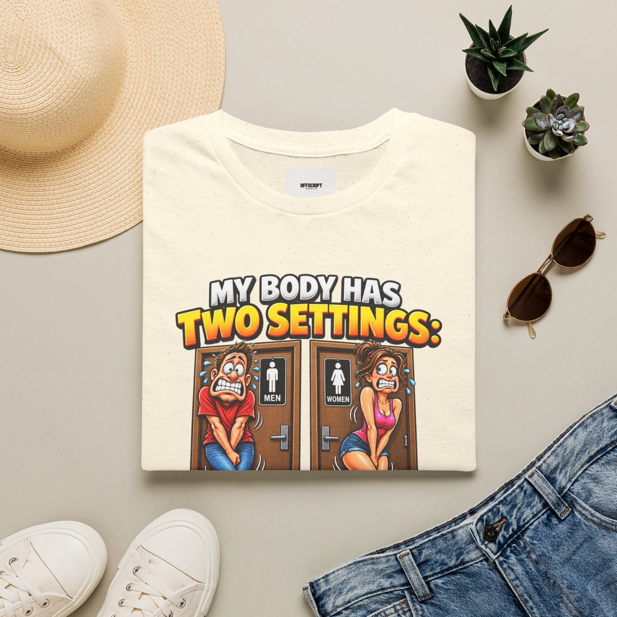 Funny T-Shirt — "My Body Has Two Settings: Need to Pee / Justpeed" Funny Bathroom Graphic Tee