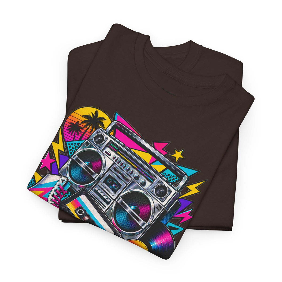 Retro Boombox Tee — 80s Neon Music Graphic T-Shirt