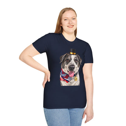 Patriotic Pup Tee — Dog with Top Hat & American Flag Bandana