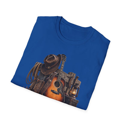 Country Music Guitar T-Shirt — Rustic Cowboy Hat & Lantern Graphic