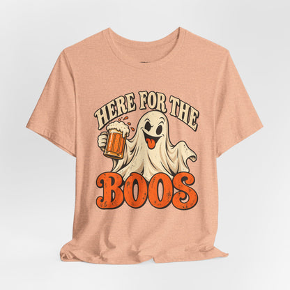 Here for the Boos Halloween T-Shirt — Ghost Drinking Beer Graphic Tee