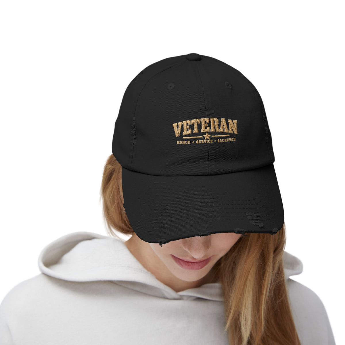 Veteran Distressed Cap — Honor Courage Sacrifice Embroidered Hat