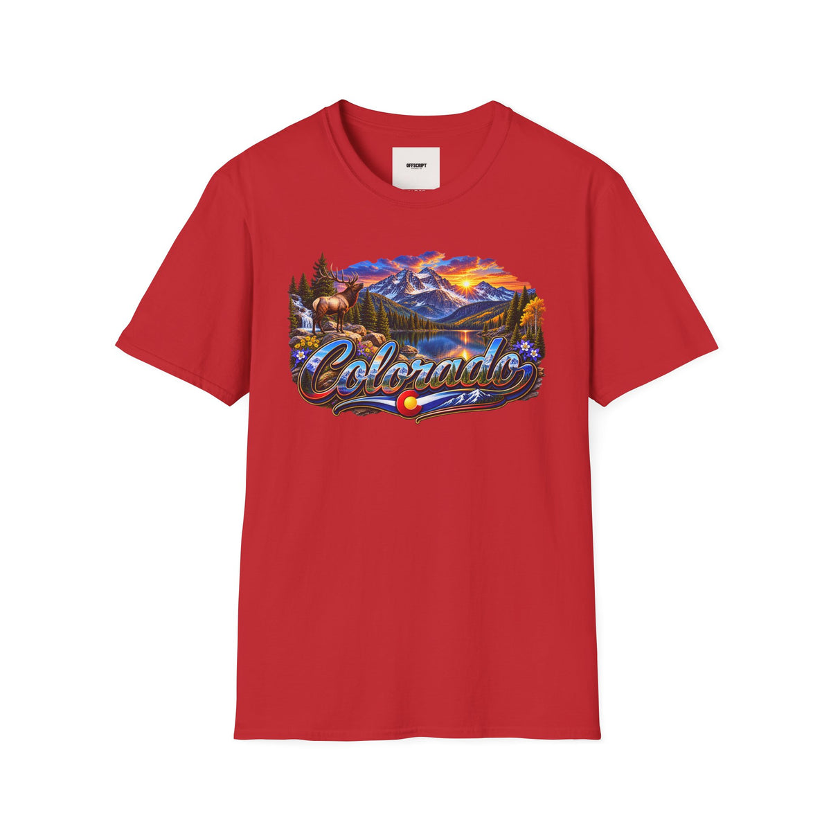 Colorado Scenic T‑Shirt — Mountain Sunset Landscape with Elk and State Script