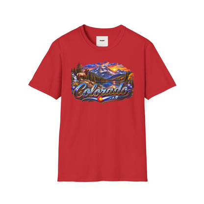 Colorado Scenic T‑Shirt — Mountain Sunset Landscape with Elk and State Script