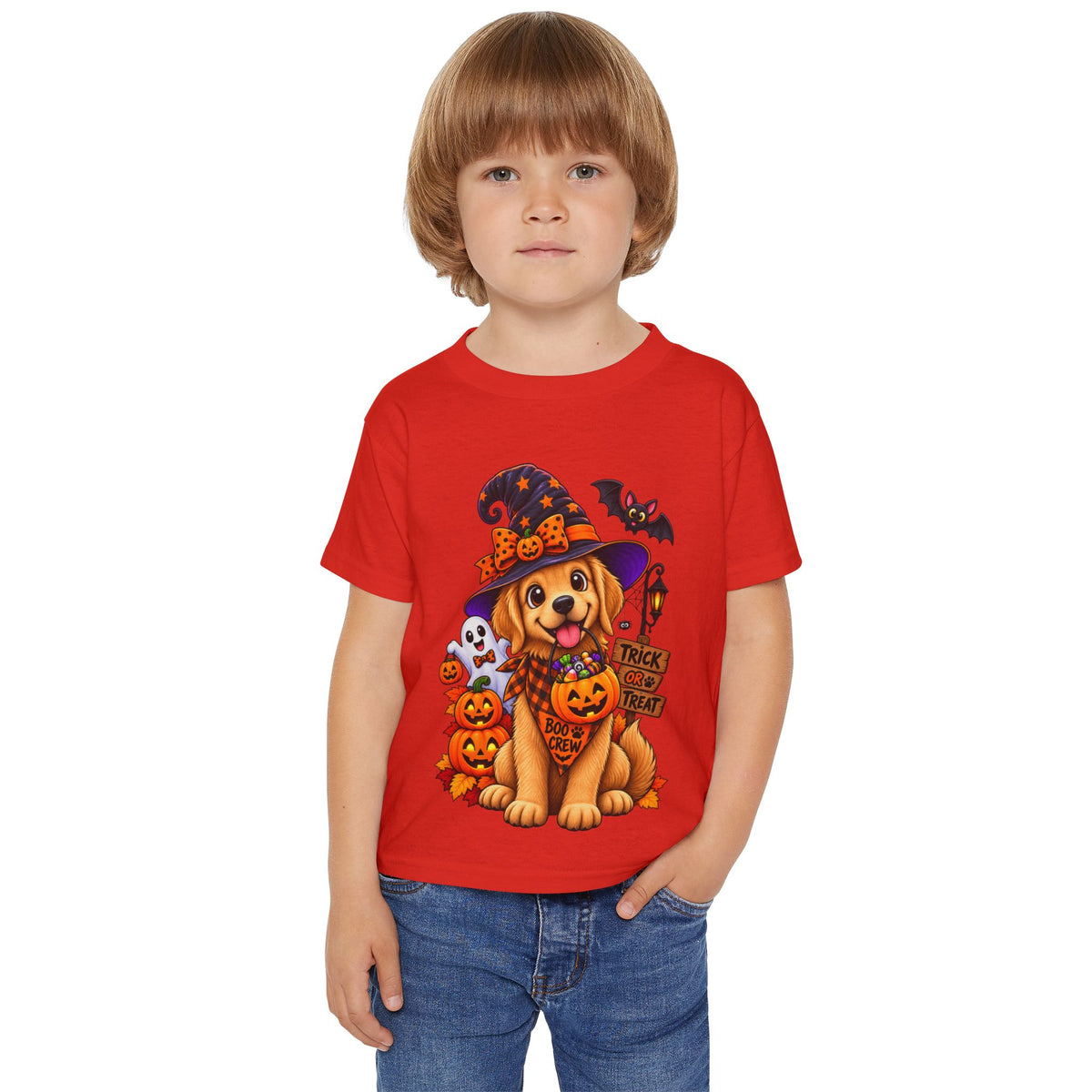 Toddler Halloween Puppy T-Shirt — Cute Witch Dog with Pumpkins & 'Trick or Treat'