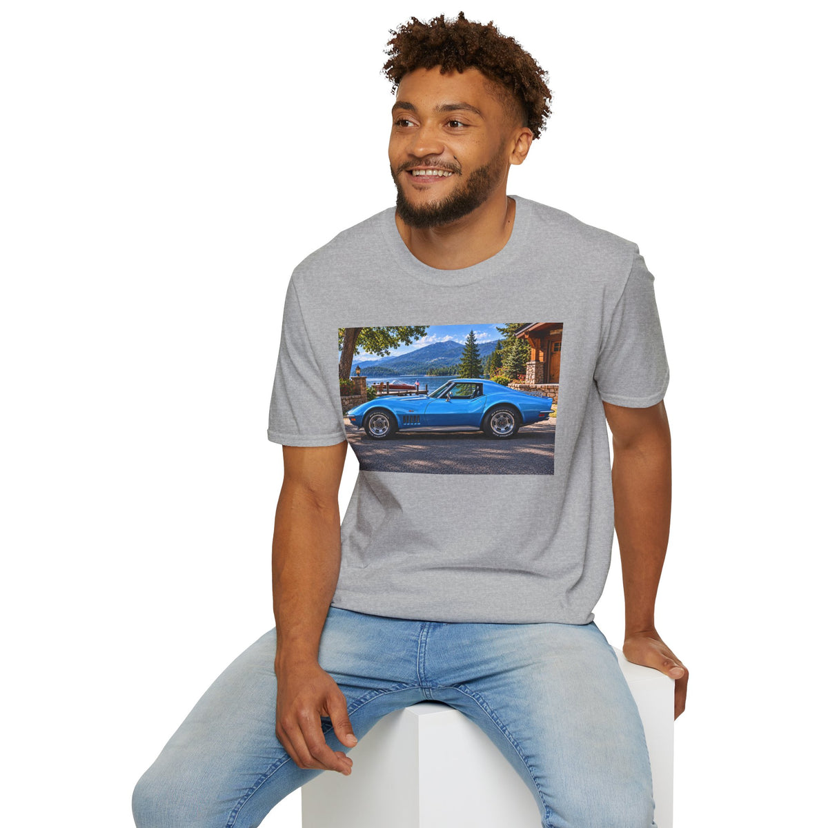1968 Chevrolet Corvette Stingray Graphic T‑Shirt — Blue Classic Car Lakefront Print