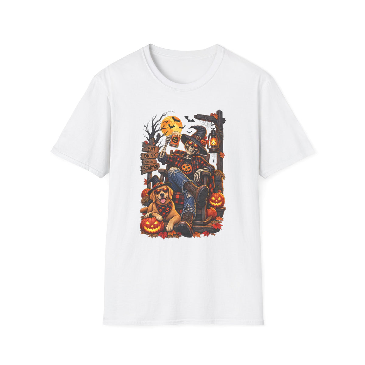 Halloween Skeleton Lounge T-Shirt — "Eat Drink & Be Scary" Graphic Tee