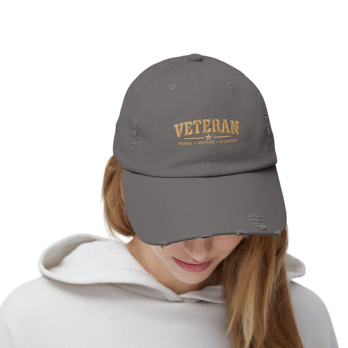 Veteran Distressed Cap — Honor Courage Sacrifice Embroidered Hat