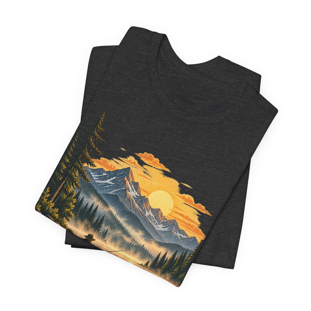 Sunset Lake Fishing T-Shirt — Mountain Boat Fishing Graphic Tee
