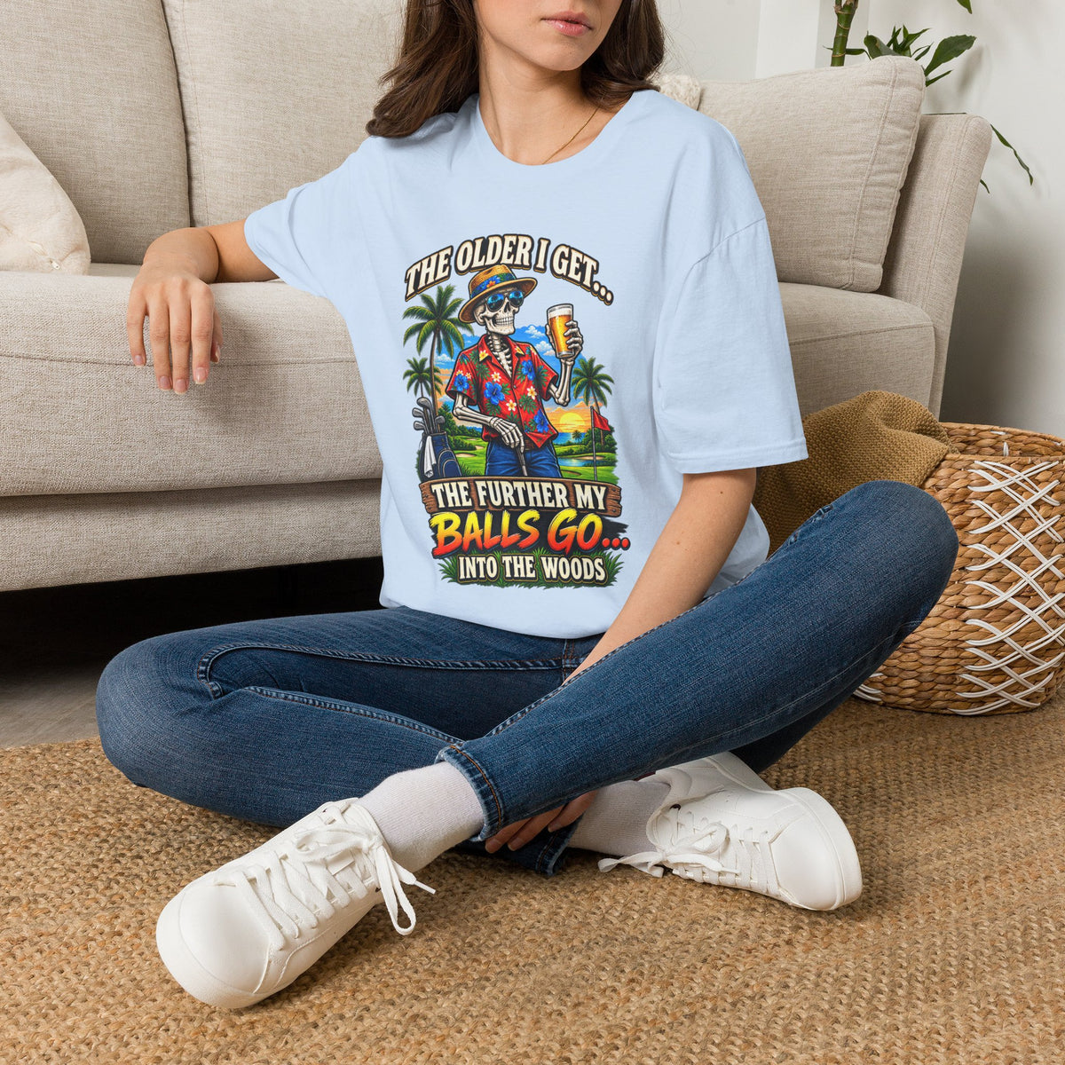 T-Shirt — “The Older I Get… The Further My Balls Go Into The Woods” Retro Tropical Skeleton Humor Tee