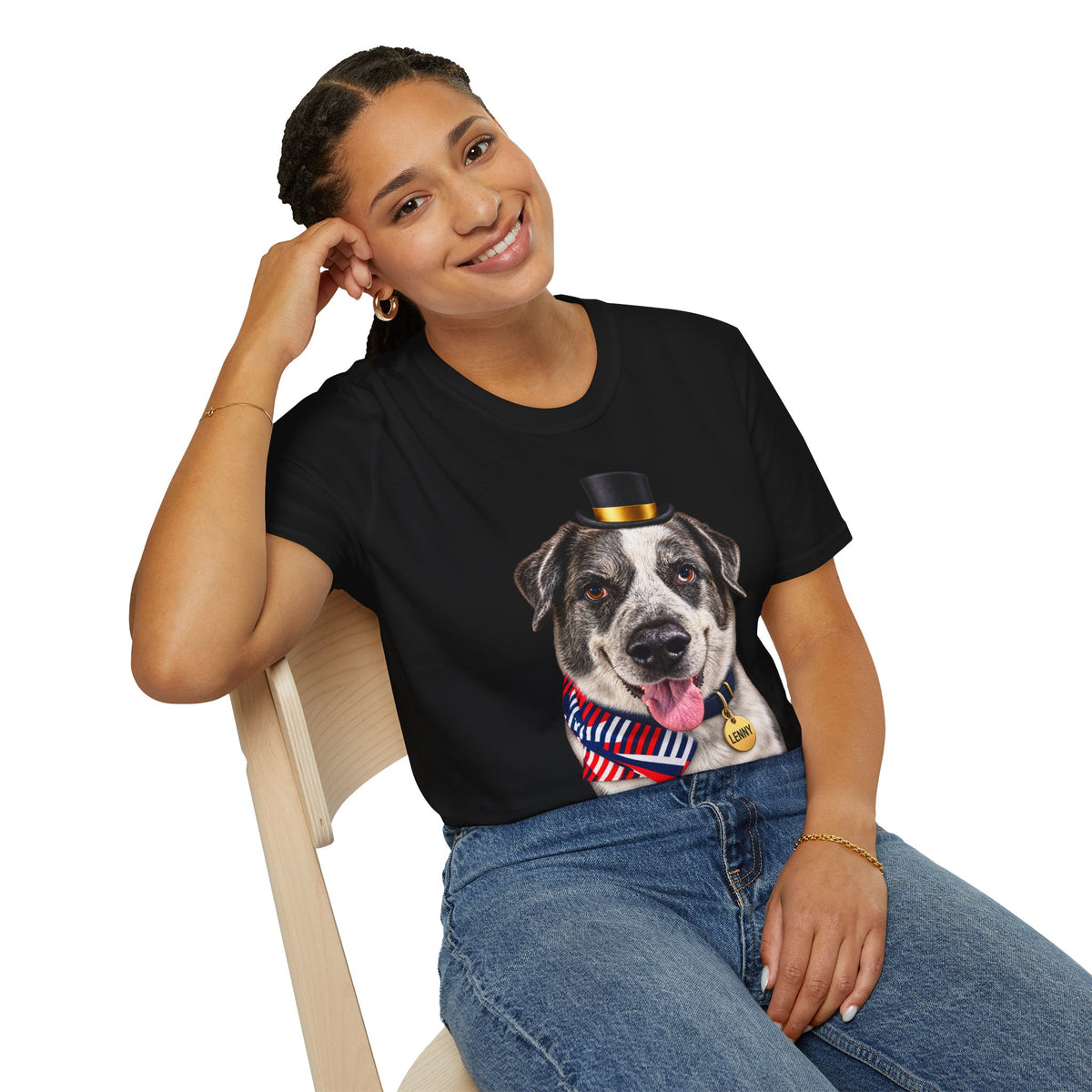 Patriotic Pup Tee — Dog with Top Hat & American Flag Bandana