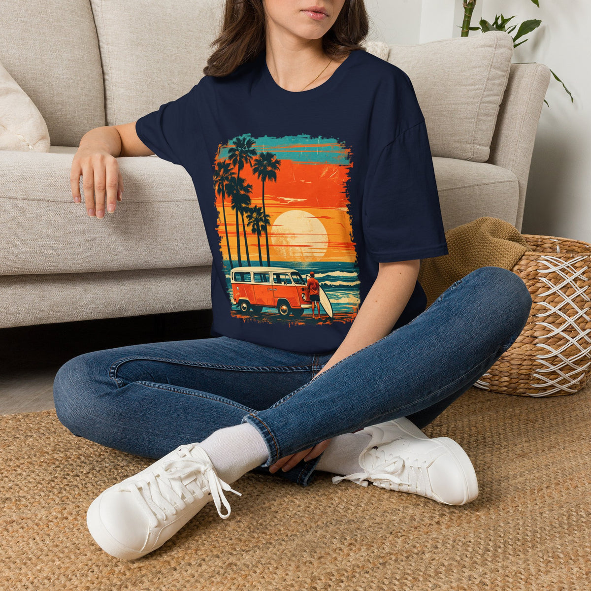 Retro Sunset Van T-Shirt – Tropical Beach Road Trip Graphic