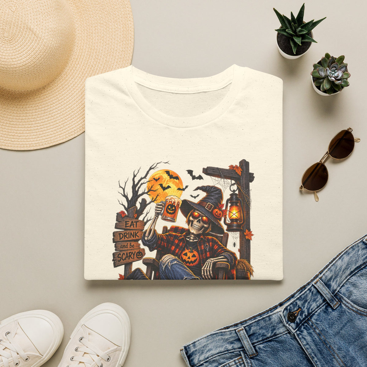 Halloween Skeleton Lounge T-Shirt — "Eat Drink & Be Scary" Graphic Tee