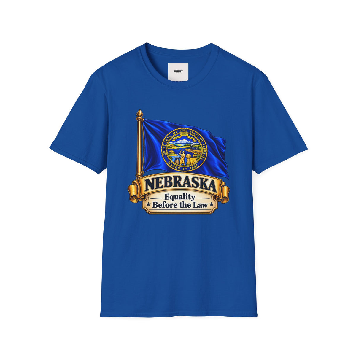Nebraska Flag T-Shirt — State Seal ‘Nebraska: Equality Before the Law’