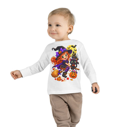 Toddler Halloween Witch Long Sleeve Tee — Cute Witch & Black Cat Pumpkin Design