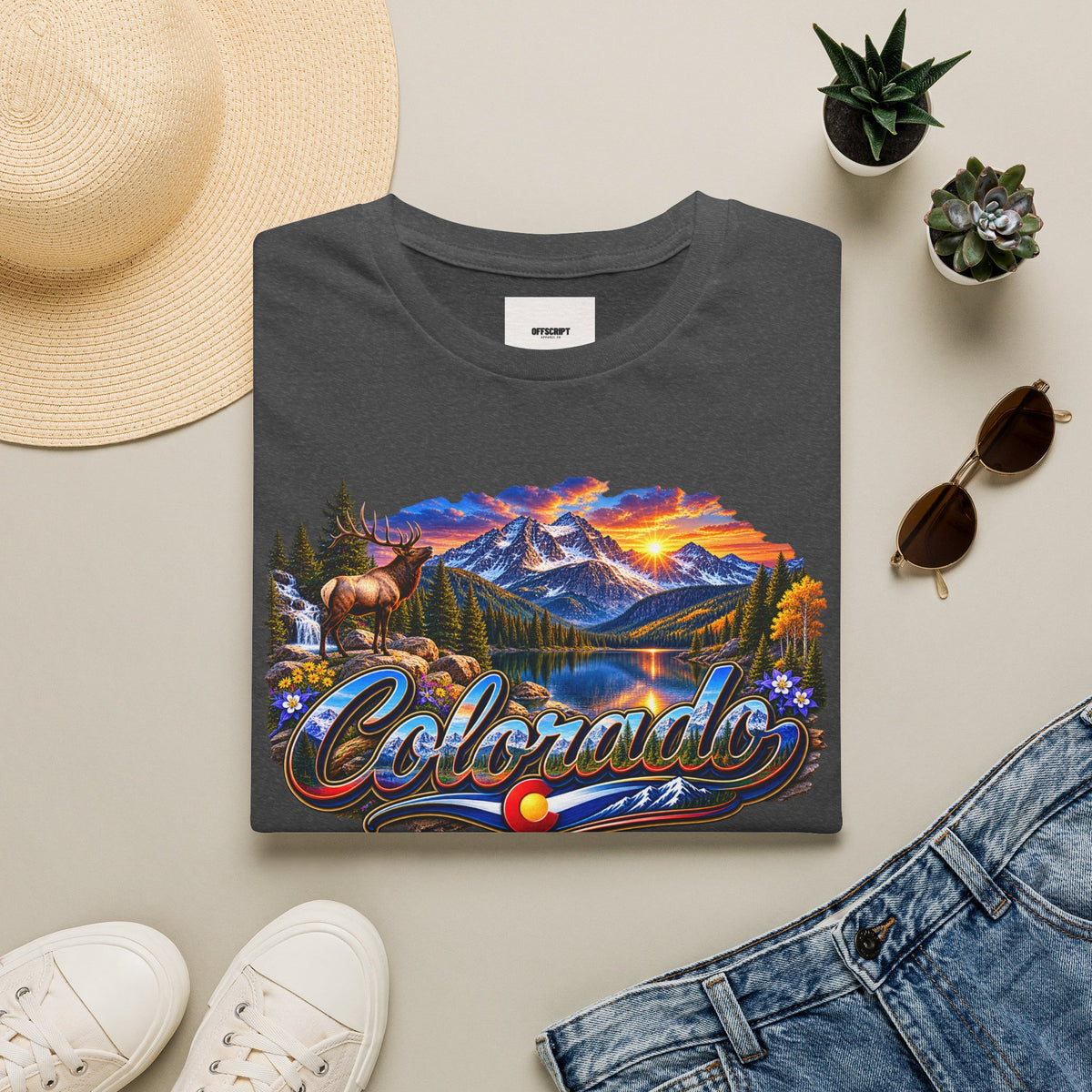 Colorado Scenic T‑Shirt — Mountain Sunset Landscape with Elk and State Script