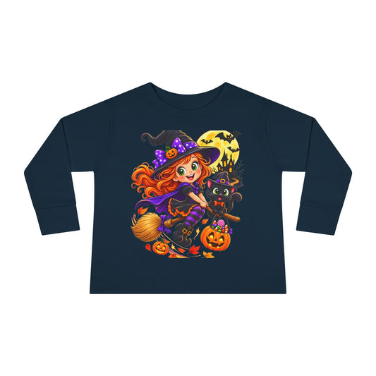 Toddler Halloween Witch Long Sleeve Tee — Cute Witch & Black Cat Pumpkin Design