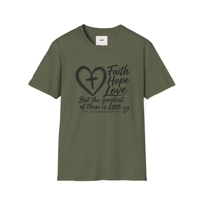 Faith Hope Love T‑Shirt — Heart & Cross Scripture Design (1 Corinthians 13:13)