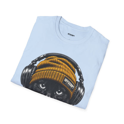 Cat Headphones T-Shirt — Cool Black Cat with Beanie & Headphones Graphic