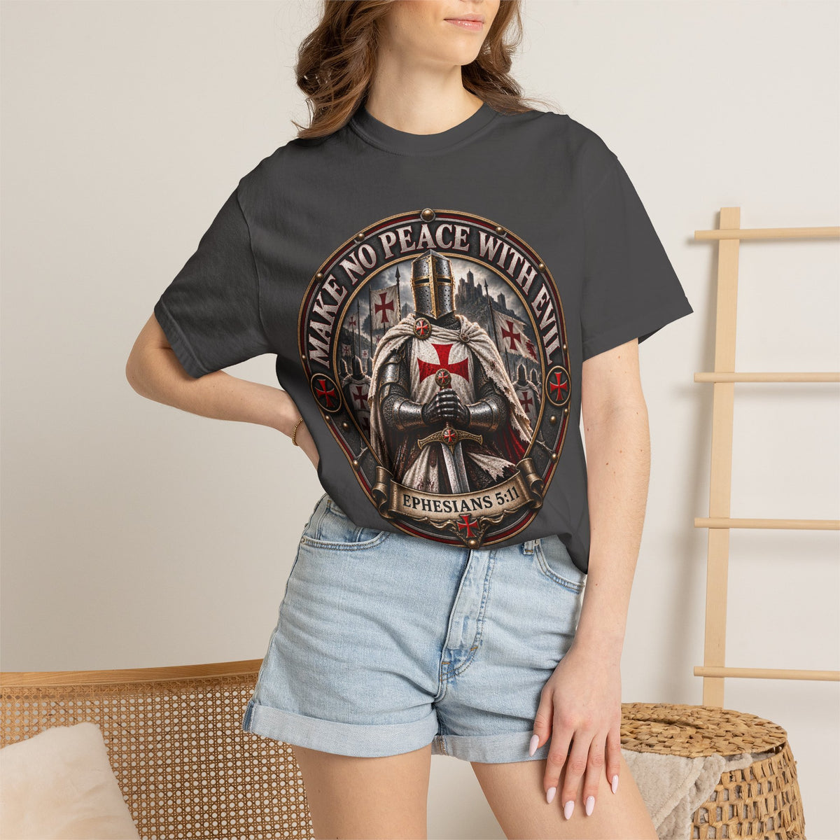 Make No Peace With Evil T-shirt | Crusader Helmet Ephesians 5:11
