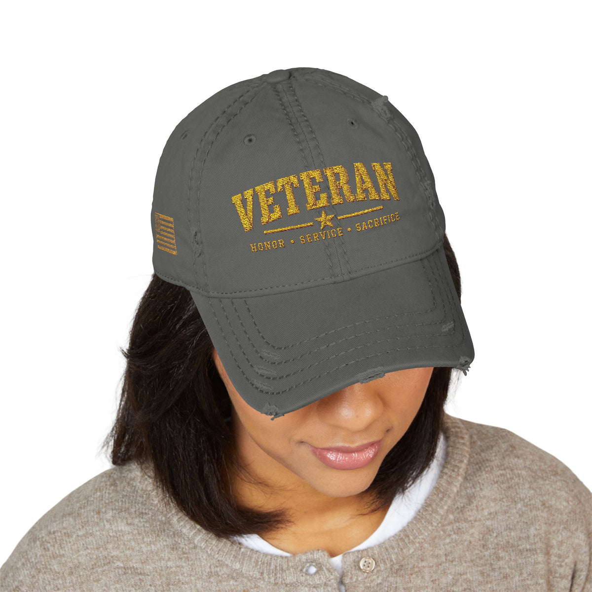 Veteran Embroidered Distressed Dad Hat — USA Honor Gratitude