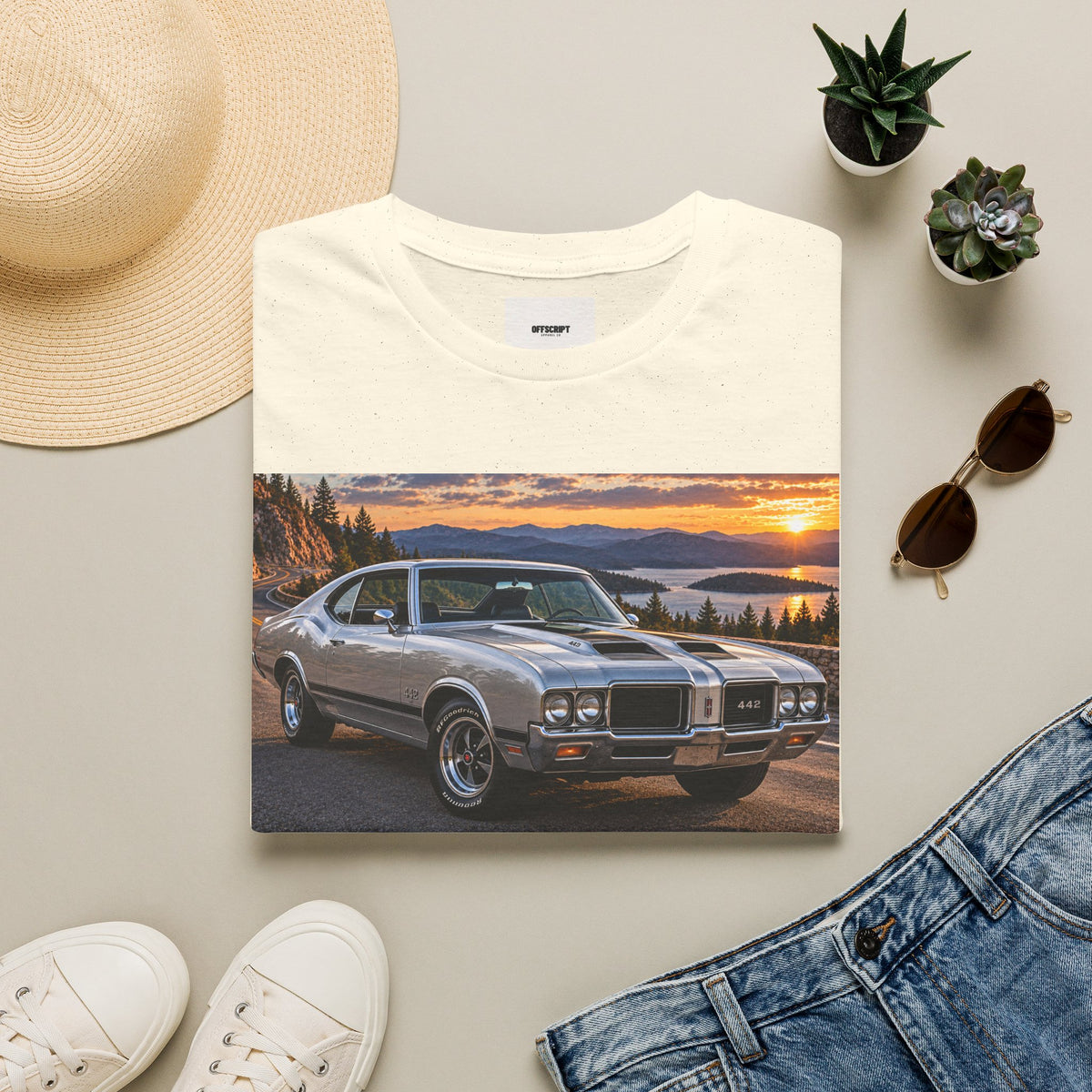 Classic Muscle Car Sunset T-Shirt — Vintage Oldsmobile Photo Tee