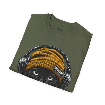 Cat Headphones T-Shirt — Cool Black Cat with Beanie & Headphones Graphic