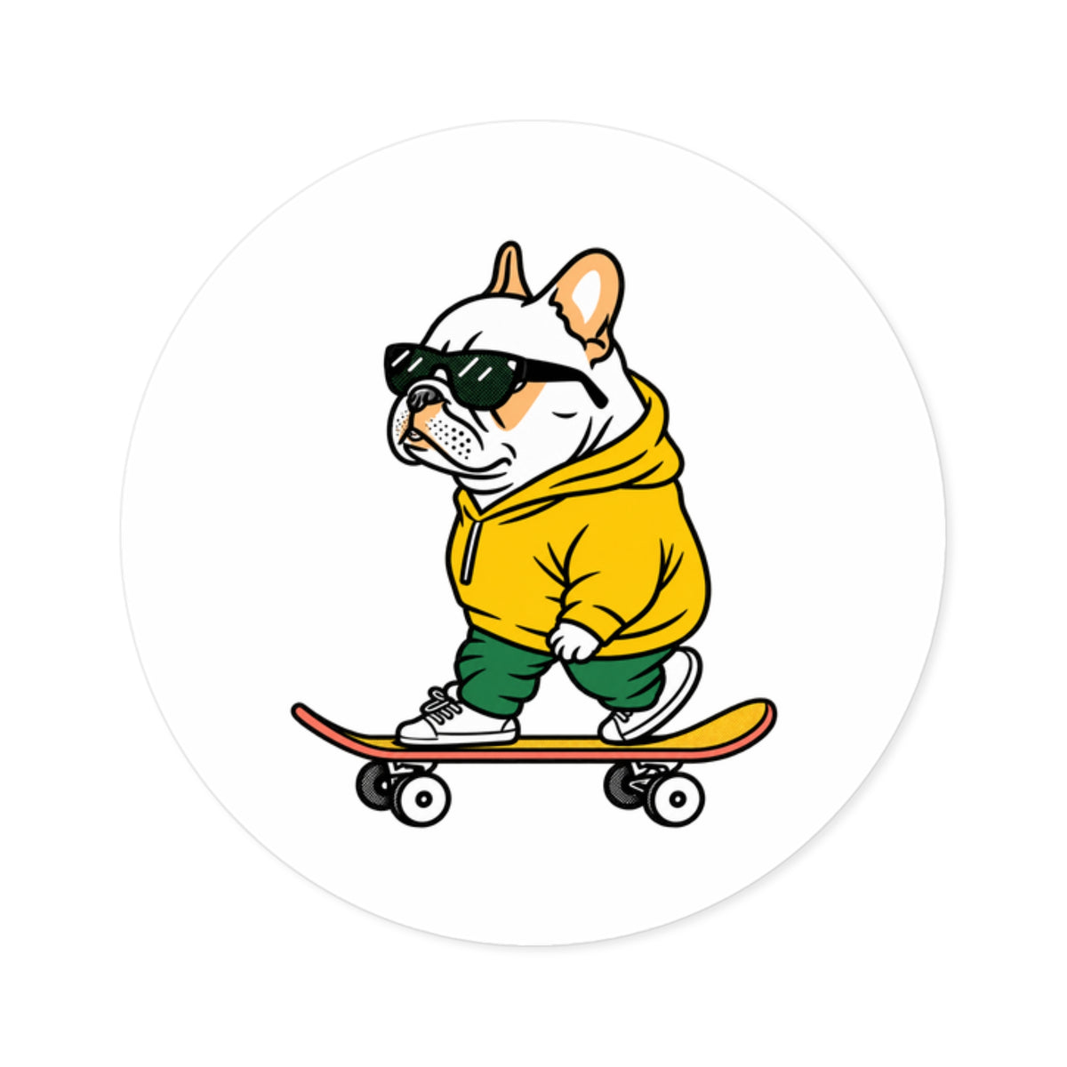 Skater Bulldog Round Sticker — Cool Frenchie on Skateboard, Indoor/Outdoor Decal