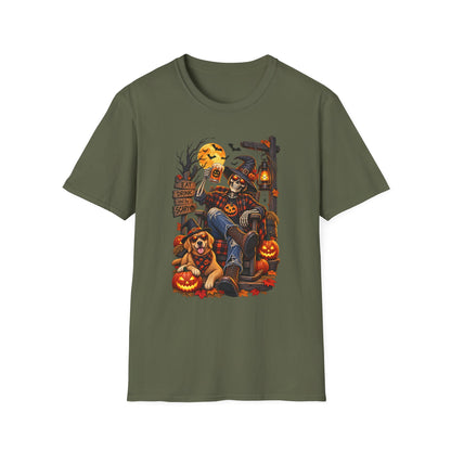 Halloween Skeleton Scarecrow T-Shirt — 'Eat Drink & Be Scary' Pumpkin Dog Tee