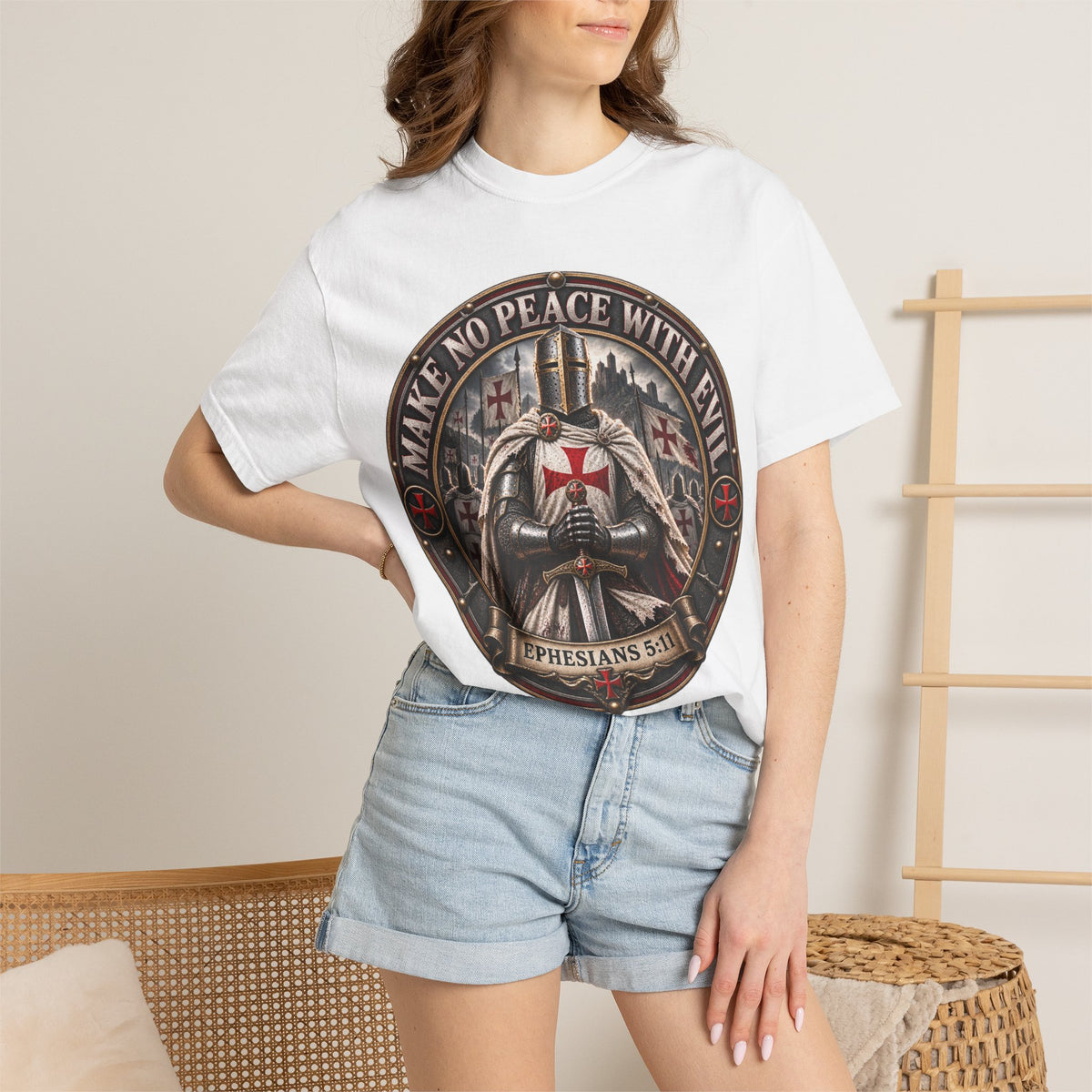 Make No Peace With Evil T-shirt | Crusader Helmet Ephesians 5:11
