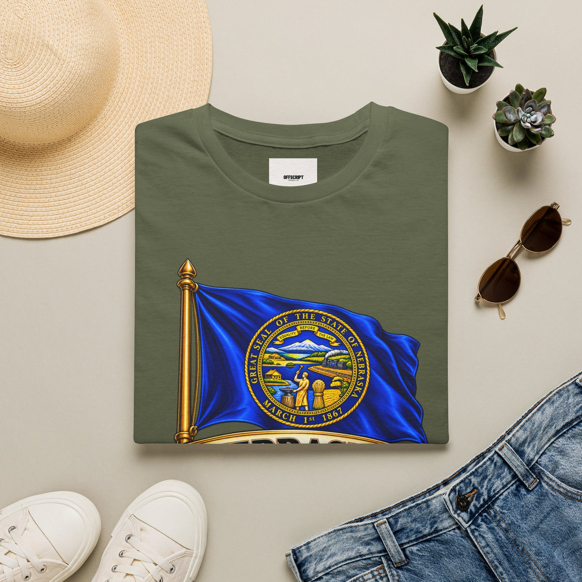 Nebraska Flag T-Shirt — State Seal ‘Nebraska: Equality Before the Law’
