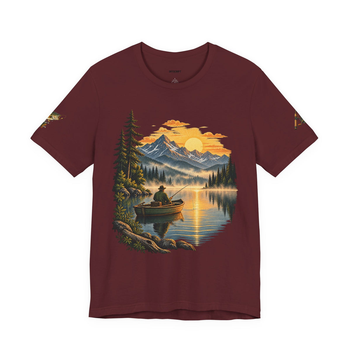 Sunset Lake Fishing T-Shirt — Mountain Boat Fishing Graphic Tee