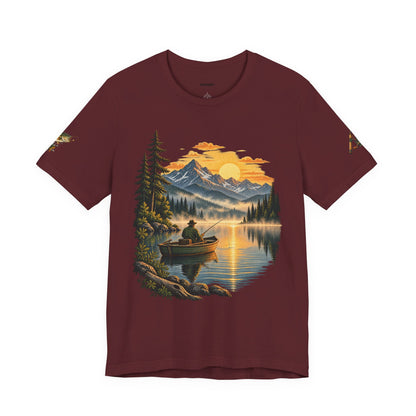 Sunset Lake Fishing T-Shirt — Mountain Boat Fishing Graphic Tee