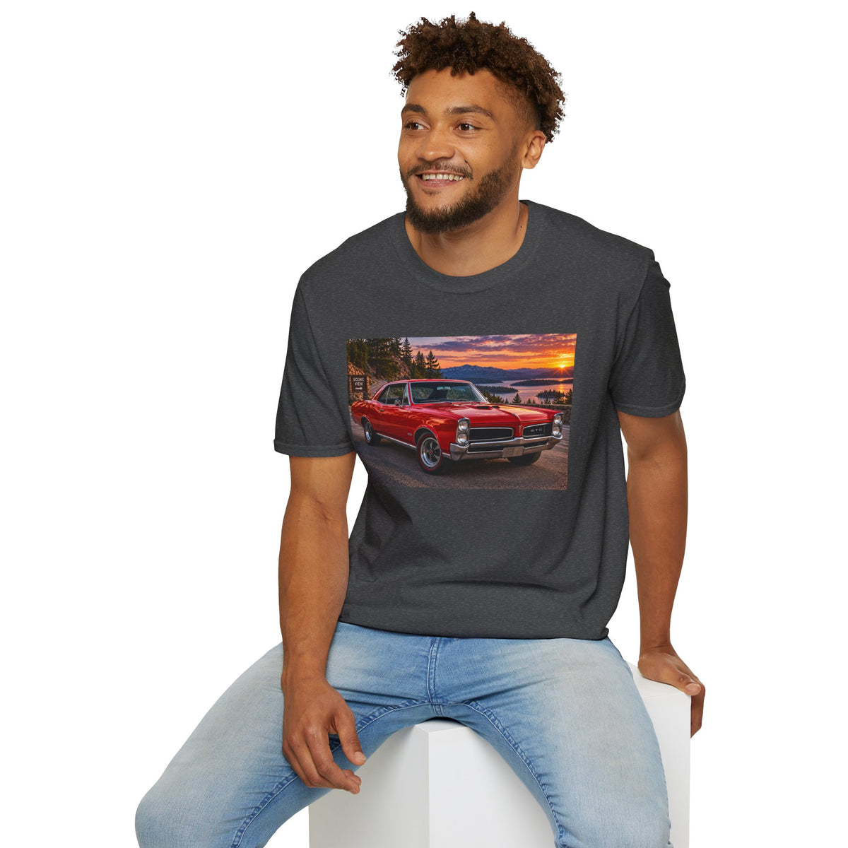 Classic Red Muscle Car T-Shirt — Vintage Pontiac Sunset Driving Tee