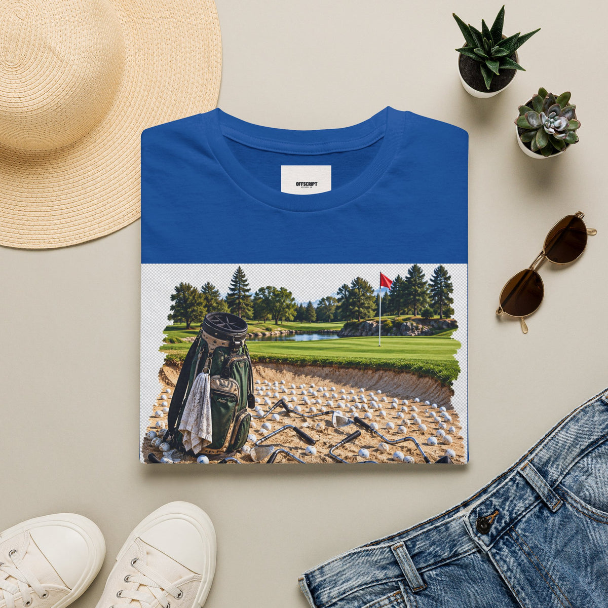 Golf Bunker Scene T-Shirt — "How Many People Live & Work In Dunes" Graphic Tee