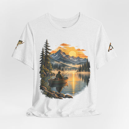 Sunset Lake Fishing T-Shirt — Mountain Boat Fishing Graphic Tee