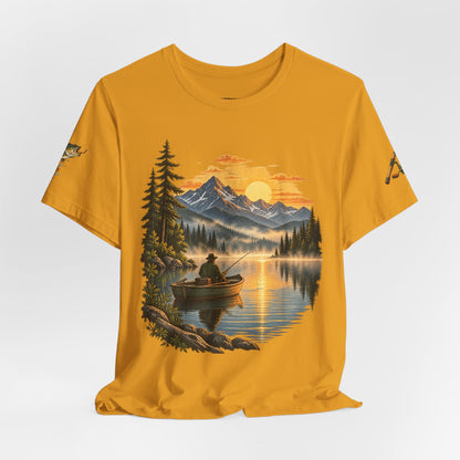 Sunset Lake Fishing T-Shirt — Mountain Boat Fishing Graphic Tee