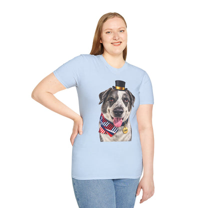 Patriotic Pup Tee — Dog with Top Hat & American Flag Bandana