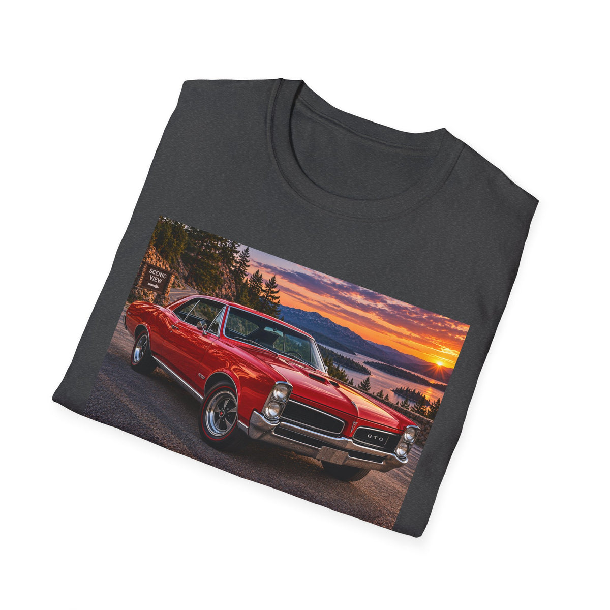 Classic Red Muscle Car T-Shirt — Vintage Pontiac Sunset Driving Tee