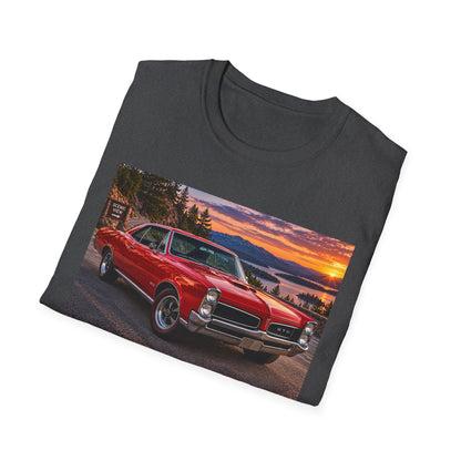 Classic Red Muscle Car T-Shirt — Vintage Pontiac Sunset Driving Tee