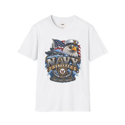 Navy Veteran Eagle T‑Shirt – Patriotic American Flag & Battleship Design