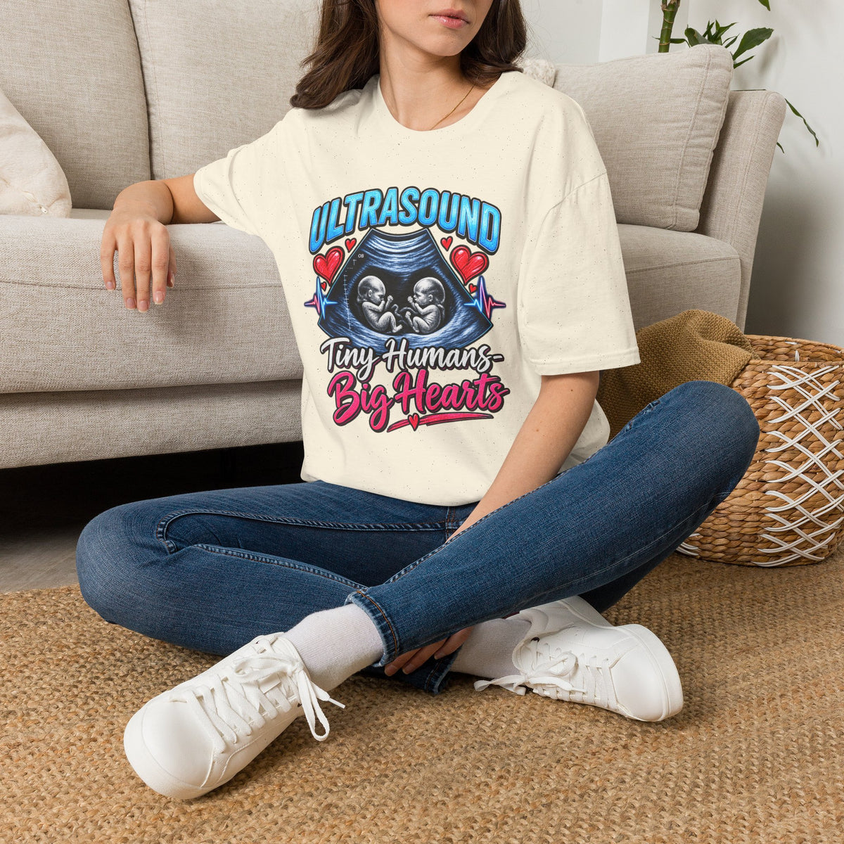 Ultrasound Twins T‑Shirt — Tiny Humans Big Hearts Pregnancy Tee