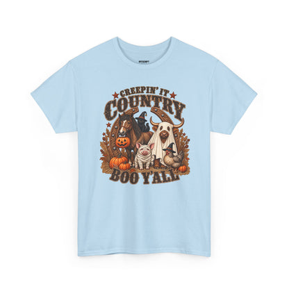 Country Halloween Tee — "Keepin' It Country Boo Y'all" Farm Animal Pumpkin T-Shirt