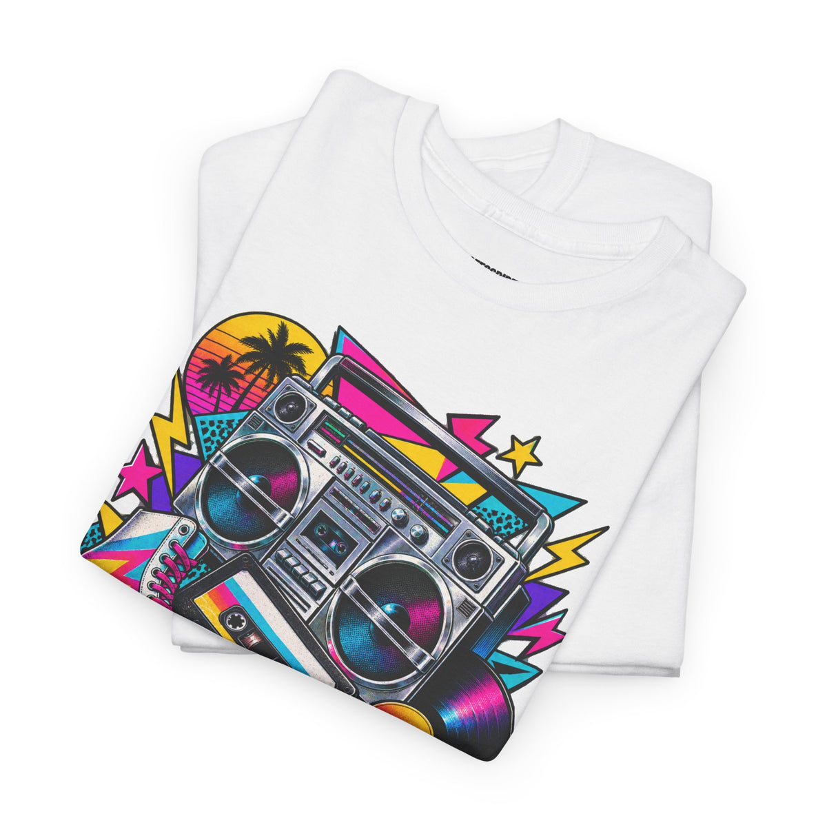 Retro Boombox Tee — 80s Neon Music Graphic T-Shirt