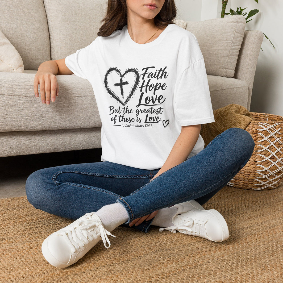 Faith Hope Love T‑Shirt — Heart & Cross Scripture Design (1 Corinthians 13:13)