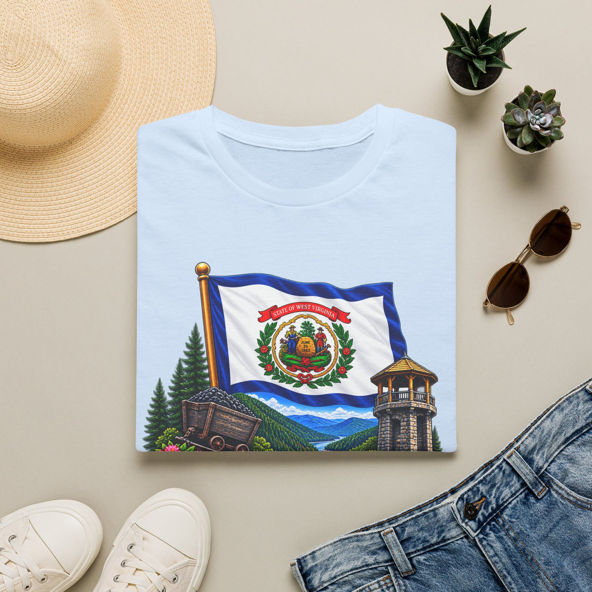 West Virginia Flag T-Shirt — State Pride Scenic Design ("Mountaineers Are Always Free")