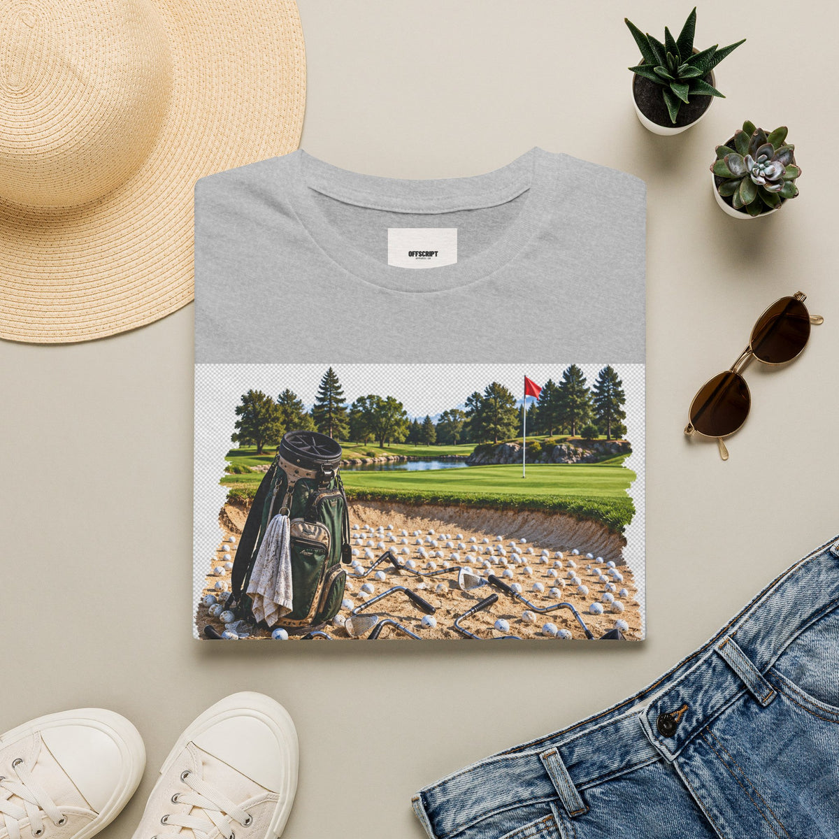 Golf Bunker Scene T-Shirt — "How Many People Live & Work In Dunes" Graphic Tee