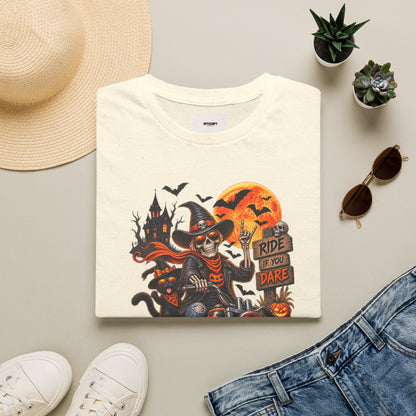 Halloween Biker Skeleton T-Shirt — "Ride If You Dare" Spooky Motorcycle Tee